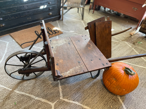 Antique Wooden & Iron Wheelbarrow with Removable Side Panels – Rustic Farmhouse Décor
