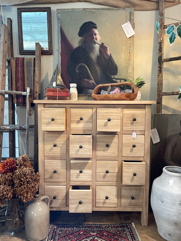 Natural Wood Apothecary Cabinet with 16 Drawers – Bohemian & Farmhouse Style