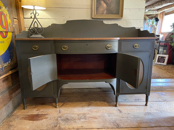 Federal-Style Mahogany Buffet & Secretary in Signature Charcoal Gray – Original Brass Hardware, Removable Backsplash & Stenciled Detailing