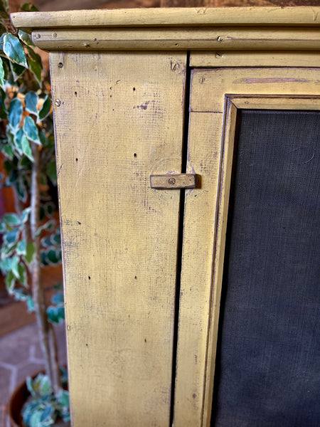 Vintage Primitive Pie Safe Cabinet with Distressed Mustard Finish