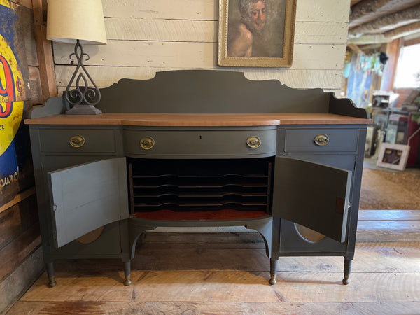 Federal-Style Mahogany Buffet & Secretary in Signature Charcoal Gray – Original Brass Hardware, Removable Backsplash & Stenciled Detailing