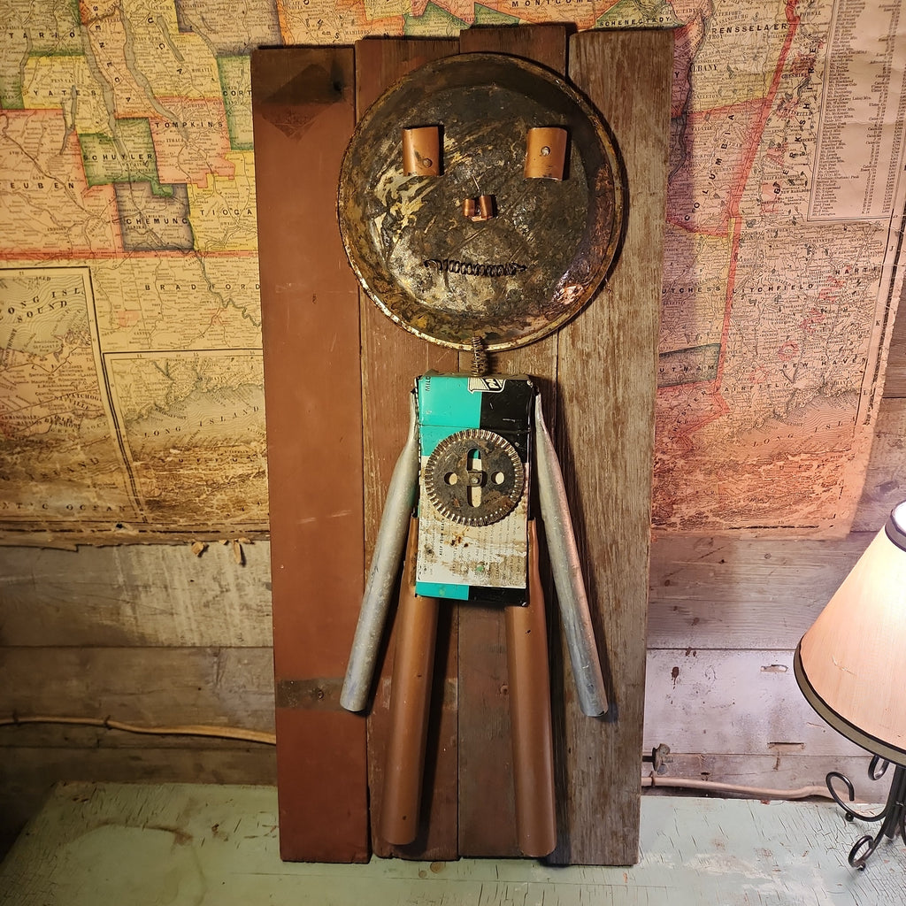 Robot wall art sculpture with reclaimed wood backing