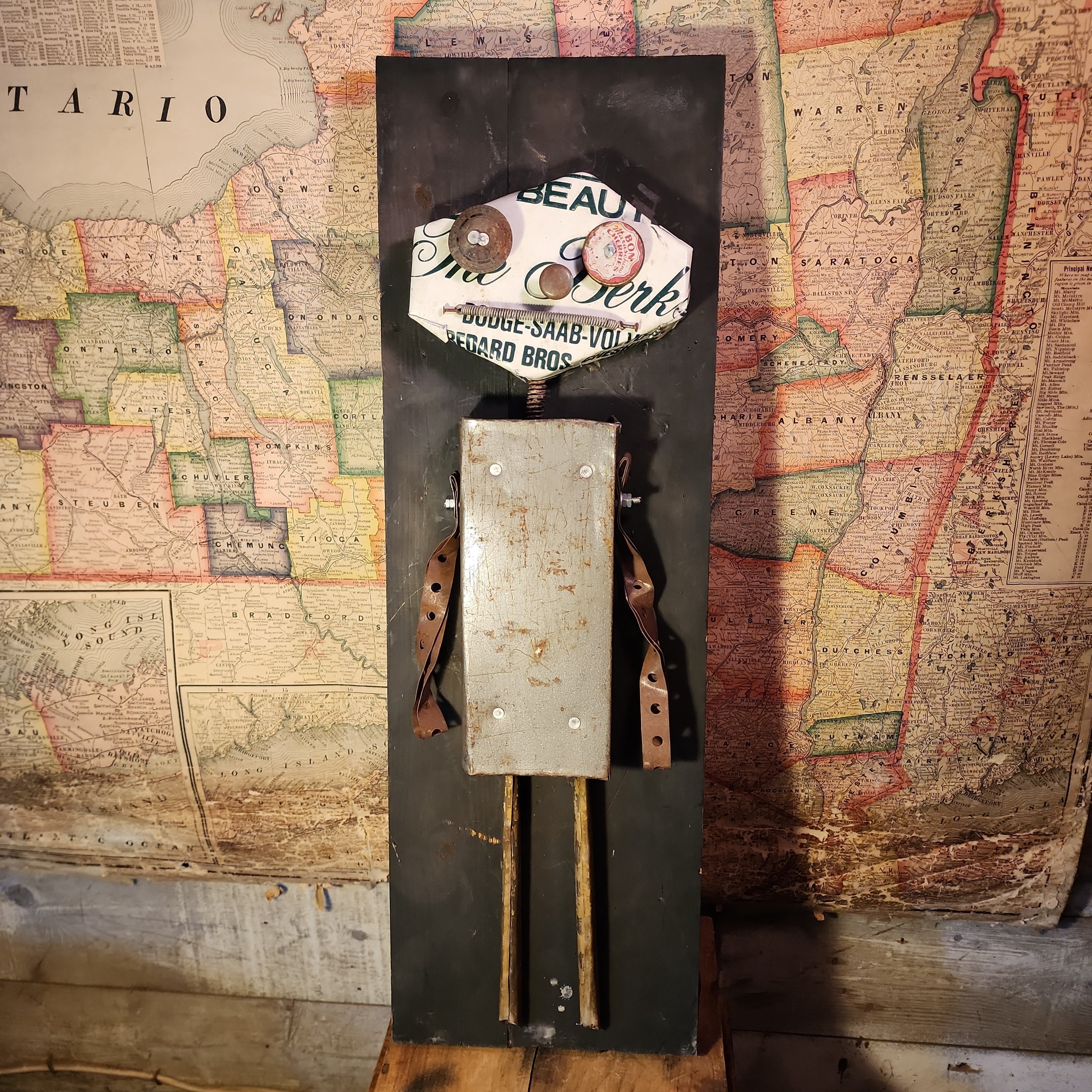 Robot wall art sculpture with reclaimed wood backing