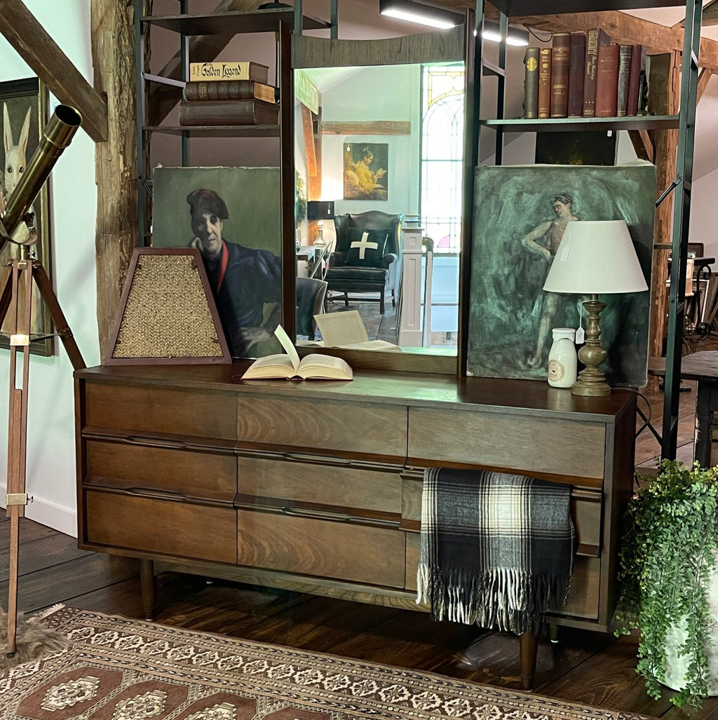 1967 Vintage Drexel 2330 Walnut 9 Drawer Dresser Mid Century Modern Lowboy Credenza – Furniture by The Olde 1840