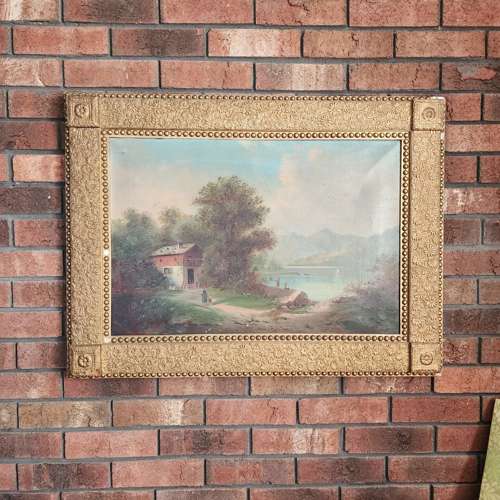 19th Century Barn & Lake Oil Painting – Artwork by The Olde 1840