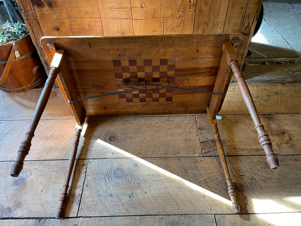 Antique Folding Upholstery Measuring Table with Inlaid Chessboard & Chess Pieces