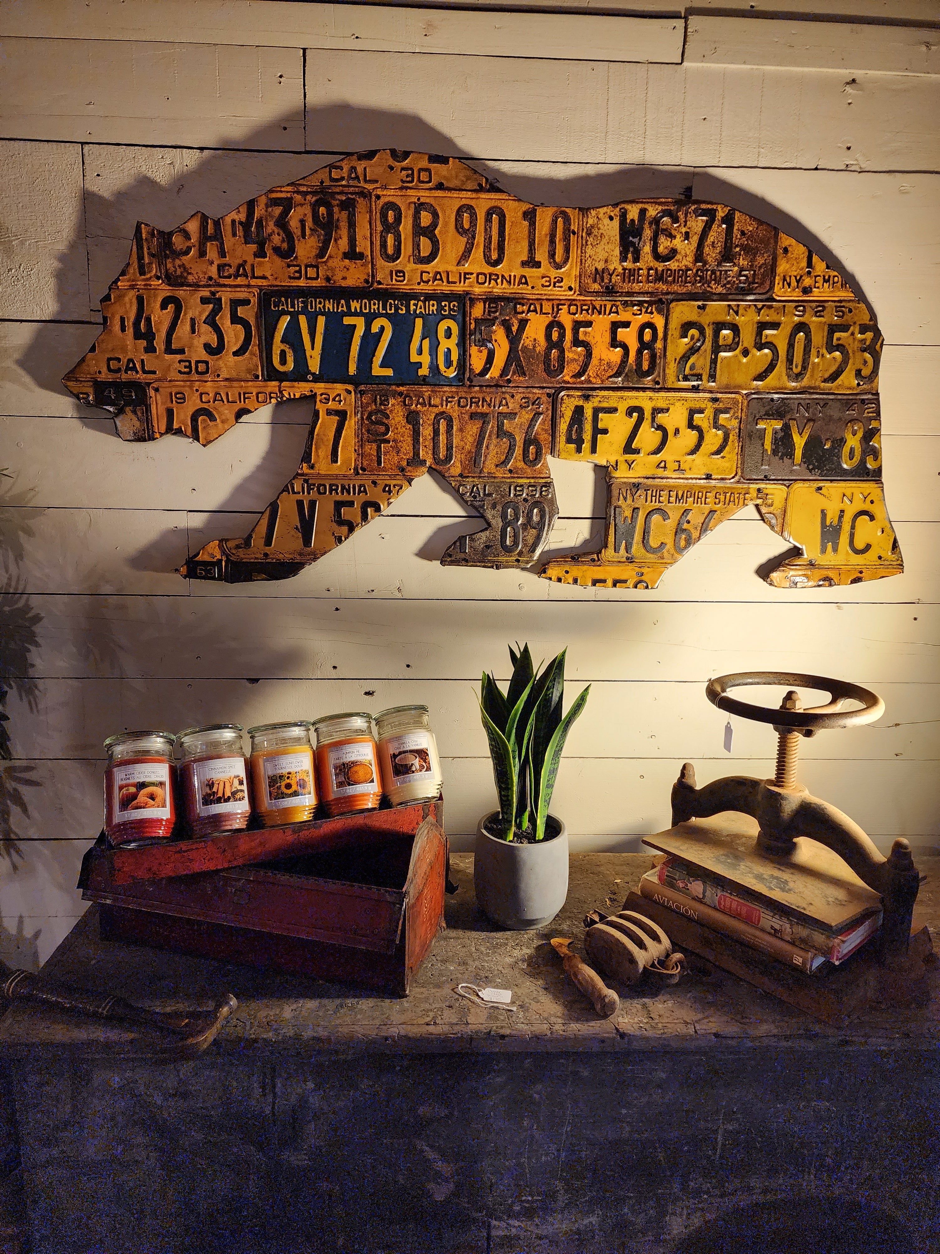 Vintage License Plate Bear Sculpture – by The Olde 1840