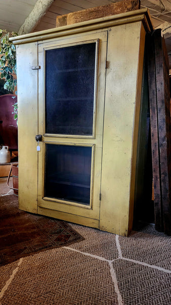 Vintage Primitive Pie Safe Cabinet with Distressed Mustard Finish