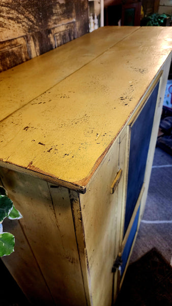 Vintage Primitive Pie Safe Cabinet with Distressed Mustard Finish