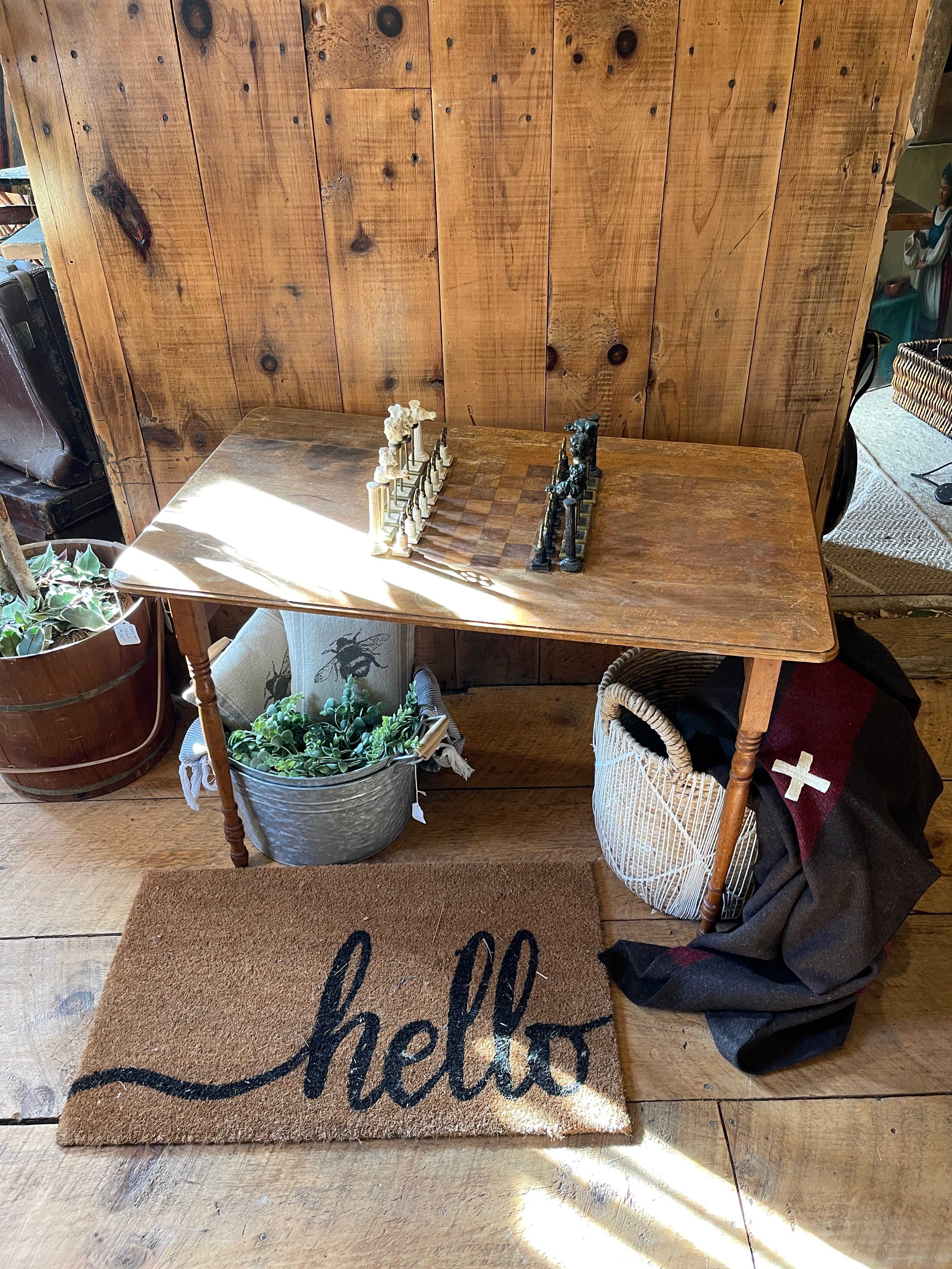 Antique Folding Upholstery Measuring Table with Inlaid Chessboard & Chess Pieces – Accent Tables by The Olde 1840