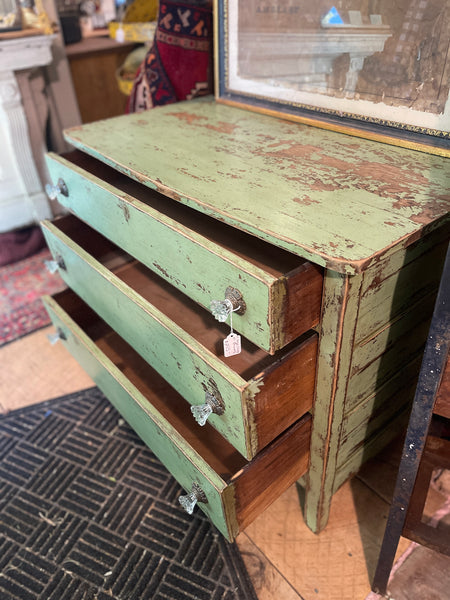 Chippy Farmhouse Dresser in “Meadow Mist Green” with Glass Knobs