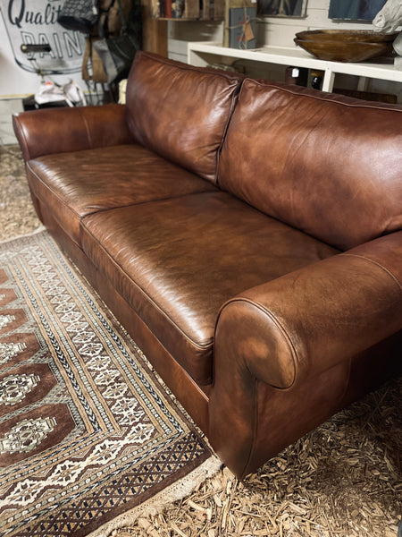 Pottery Barn Leather Sofa – Rich Brown, Classic Roll Arm