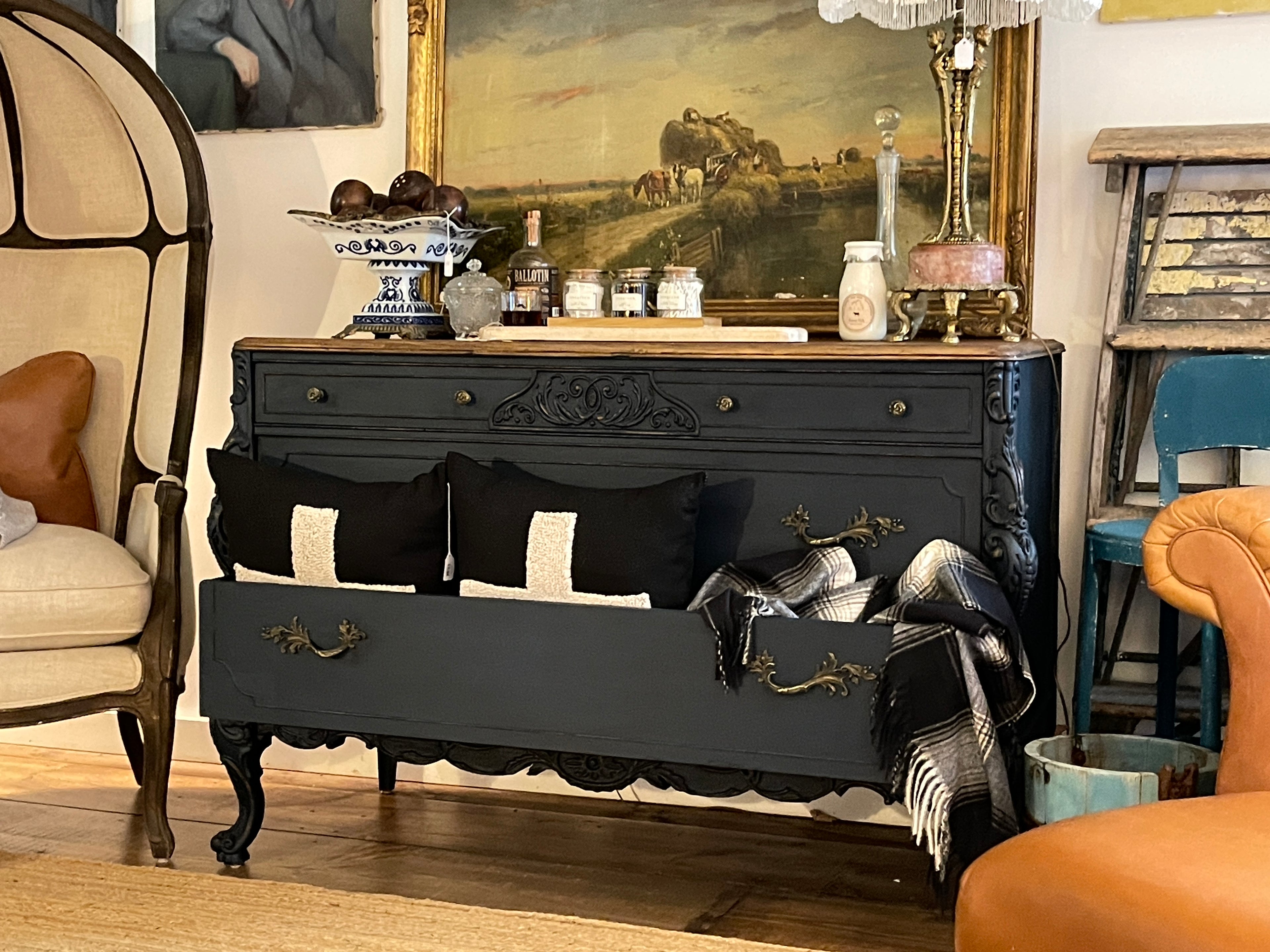 Antique Blue Buffet Sideboard with Natural Top