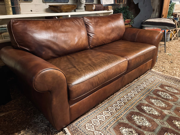 Pottery Barn Leather Sofa – Rich Brown, Classic Roll Arm