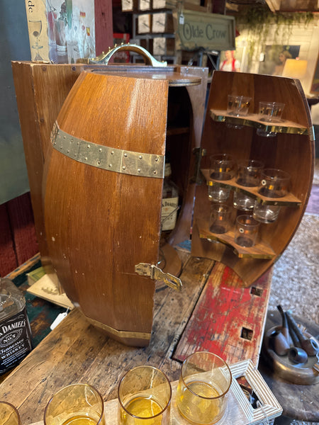 Vintage Mid Century Wood Whisky Barrel Wall Hanging Bar Cabinet Shot Glass Case