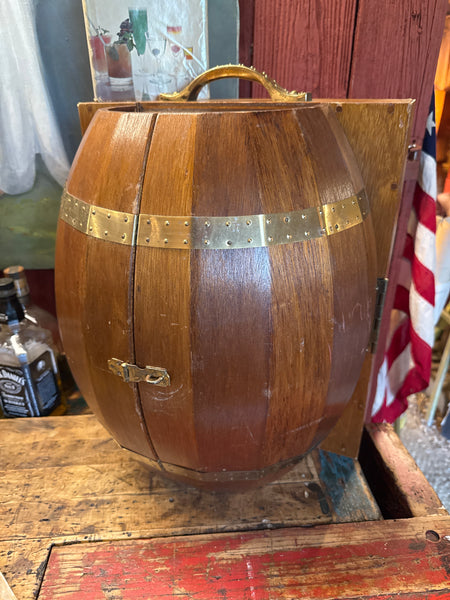 Vintage Mid Century Wood Whisky Barrel Wall Hanging Bar Cabinet Shot Glass Case