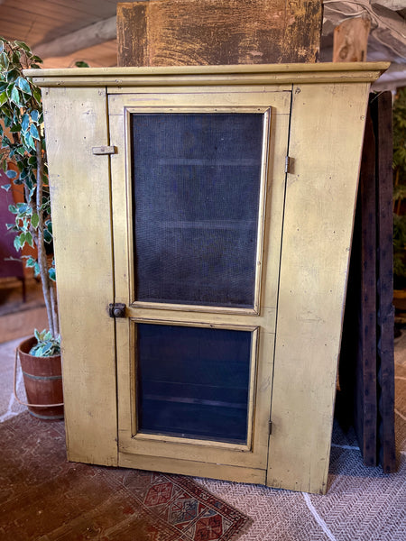 Vintage Primitive Pie Safe Cabinet with Distressed Mustard Finish