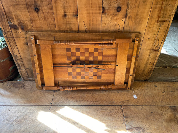 Antique Folding Upholstery Measuring Table with Inlaid Chessboard & Chess Pieces