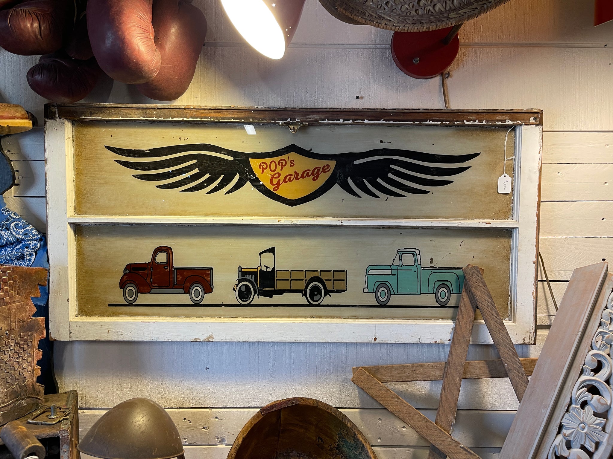 Vintage Hand-Painted “Pop’s Garage” Sign on Repurposed Window Wall Art