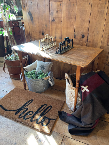 Antique Folding Upholstery Measuring Table with Inlaid Chessboard & Chess Pieces