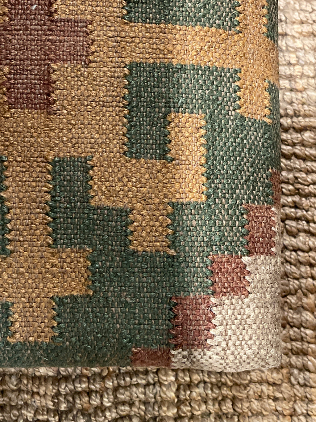 Sage Green & Tan Geometric Kilim Upholstered Bench | 48" Accent Seating