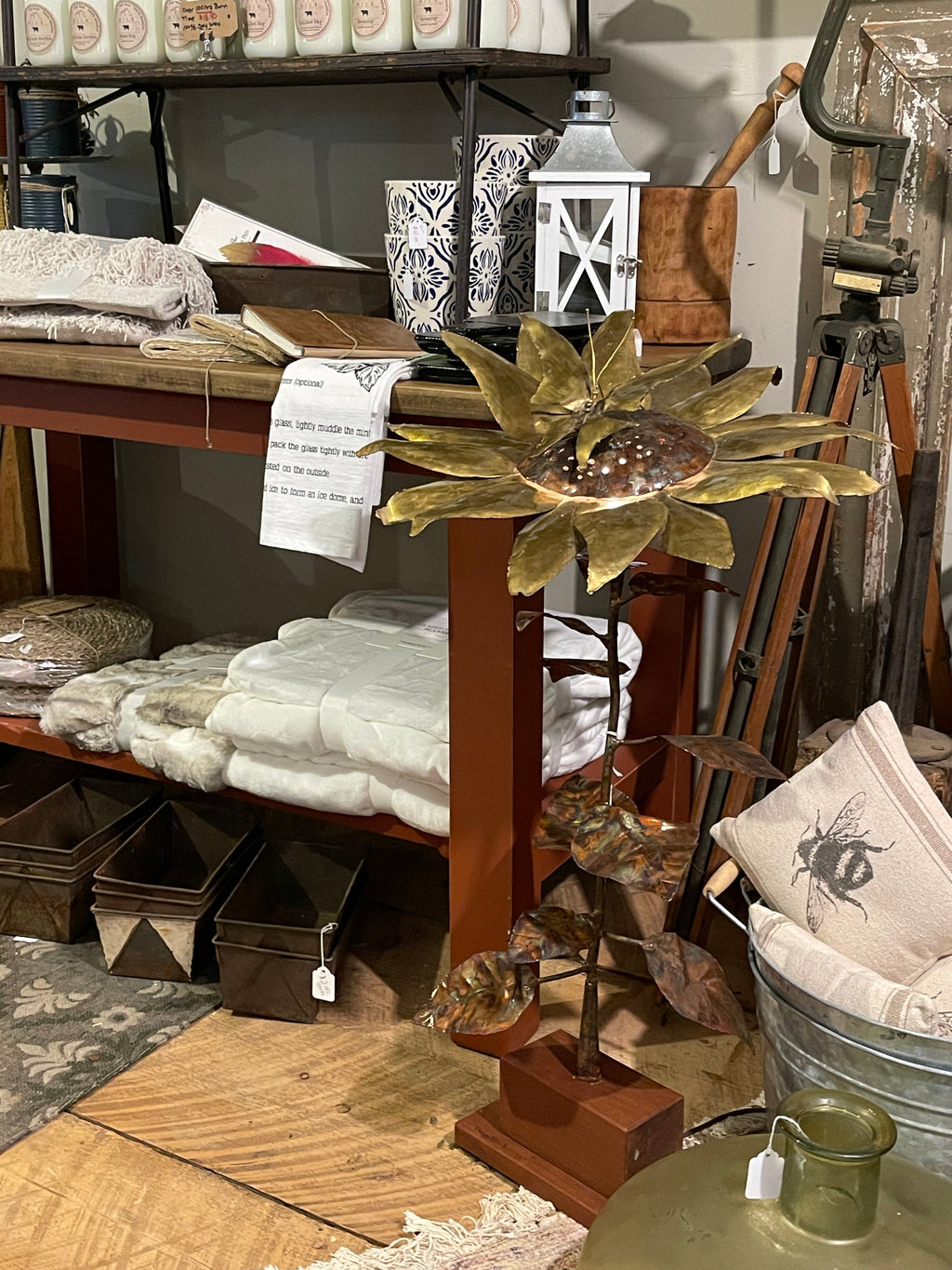 Philip Neuburger Handcrafted Brass & Copper Sunflower Accent Light on Wooden Base – Lighting by The Olde 1840