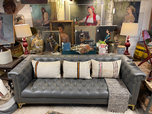 Modern Chesterfield Tufted Leather Sofa with Gold Nailhead & Leg Accents