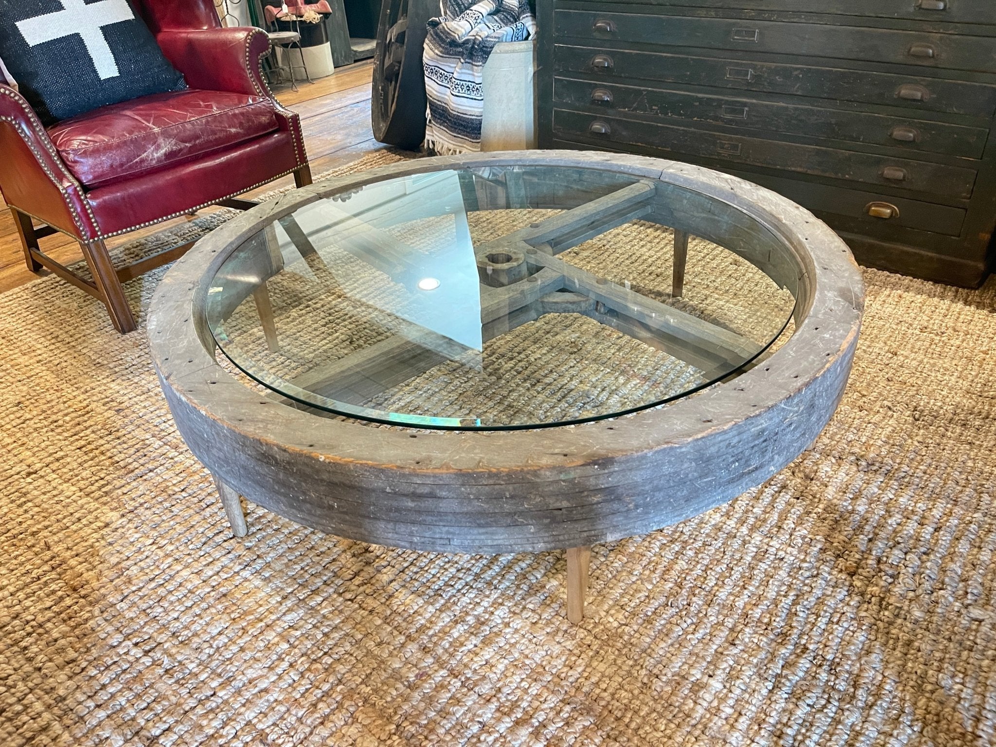 52” Antique Wooden Factory Pulley Coffee Table with Custom Glass Inlay – Furniture by The Olde 1840