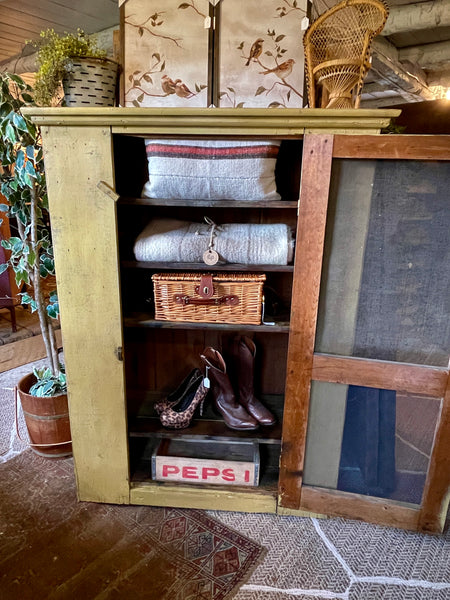 Vintage Primitive Pie Safe Cabinet with Distressed Mustard Finish