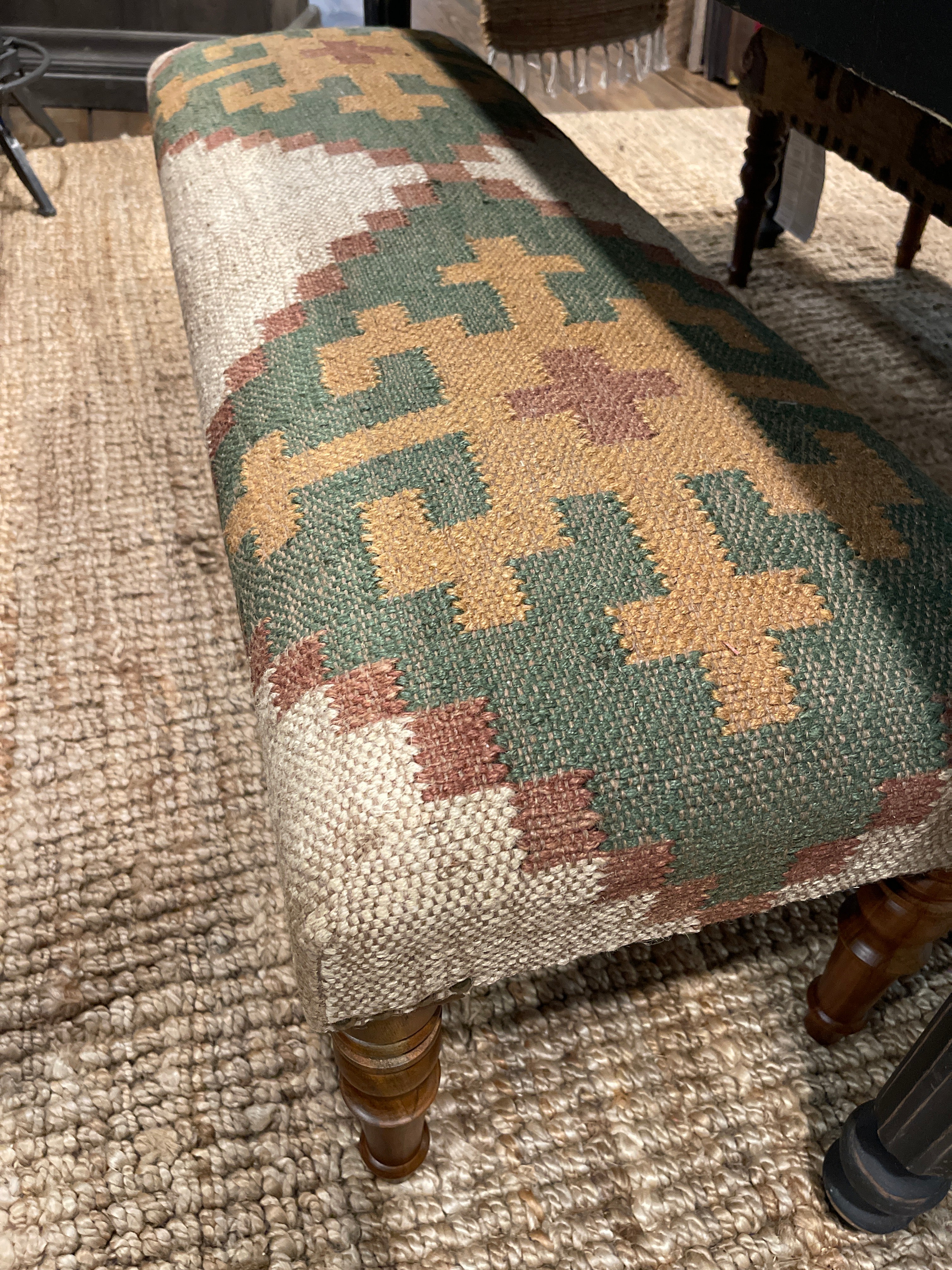 Sage Green & Tan Geometric Kilim Upholstered Bench | 48" Accent Seating