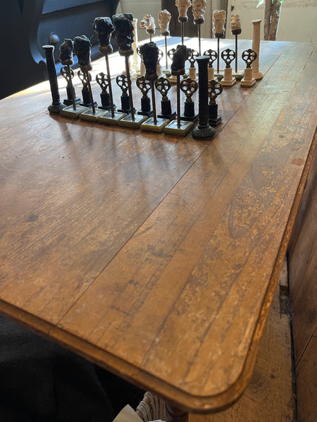 Antique Folding Upholstery Measuring Table with Inlaid Chessboard & Chess Pieces