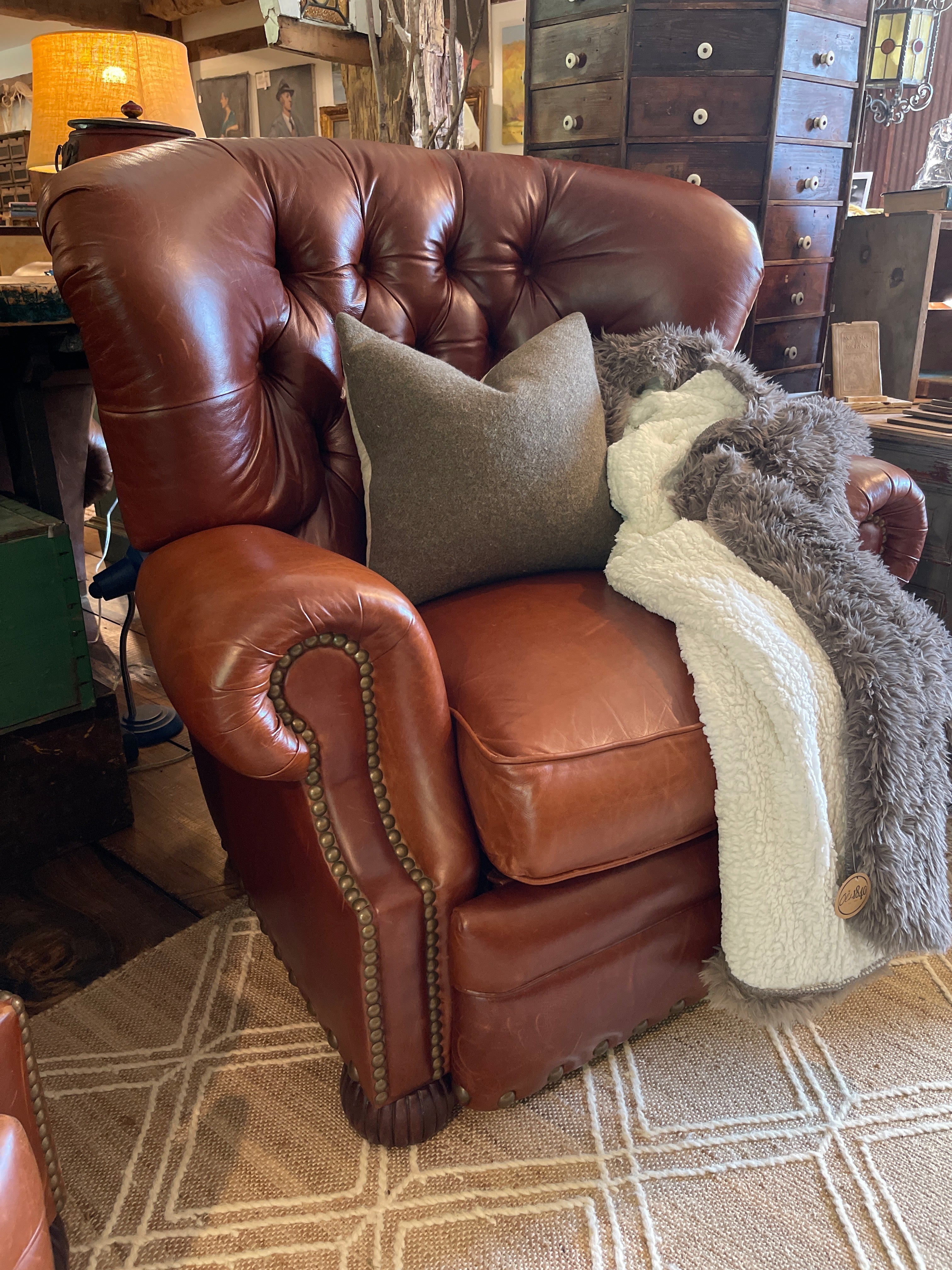 Vintage Alexander Taylor Tufted Brown Leather Recliner Armchair