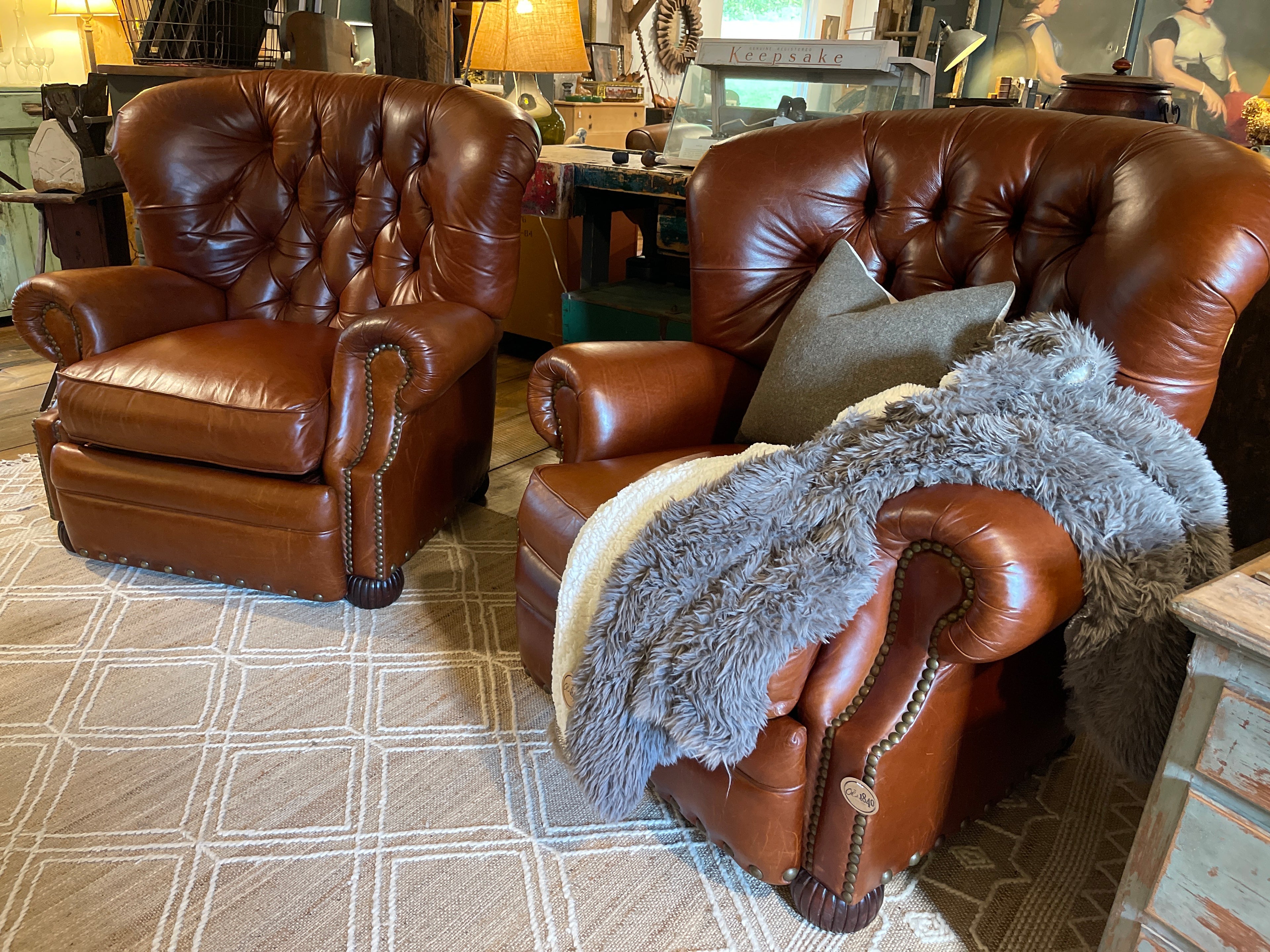 Vintage Alexander Taylor Tufted Brown Leather Recliner Armchair