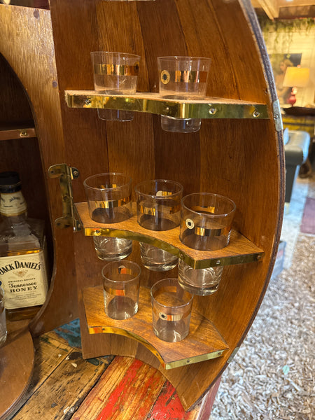 Vintage Mid Century Wood Whisky Barrel Wall Hanging Bar Cabinet Shot Glass Case