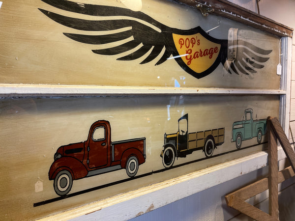 Vintage Hand-Painted “Pop’s Garage” Sign on Repurposed Window Wall Art