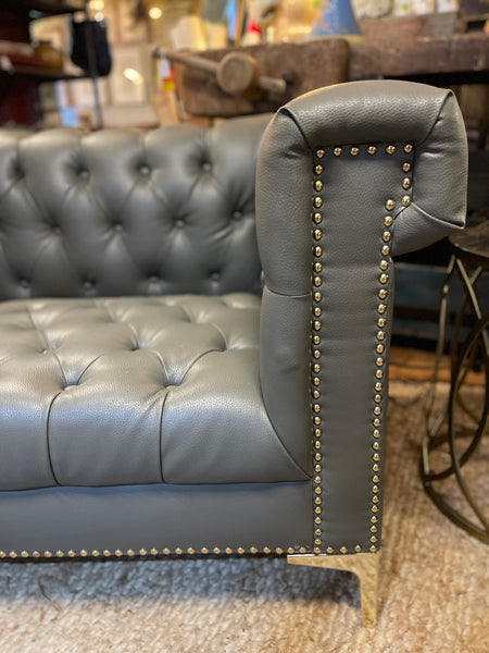 Modern Chesterfield Tufted Leather Club Chair with Gold Nailhead & Leg Accents