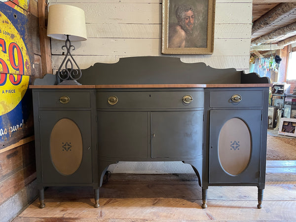 Federal-Style Mahogany Buffet & Secretary in Signature Charcoal Gray – Original Brass Hardware, Removable Backsplash & Stenciled Detailing