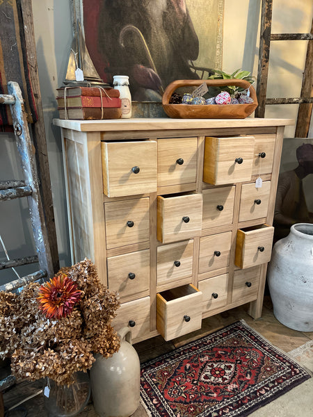 Natural Wood Apothecary Cabinet with 16 Drawers – Bohemian & Farmhouse Style