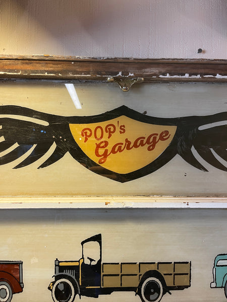Vintage Hand-Painted “Pop’s Garage” Sign on Repurposed Window Wall Art