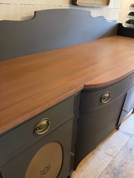 Federal-Style Mahogany Buffet & Secretary in Signature Charcoal Gray – Original Brass Hardware, Removable Backsplash & Stenciled Detailing