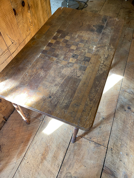 Antique Folding Upholstery Measuring Table with Inlaid Chessboard & Chess Pieces