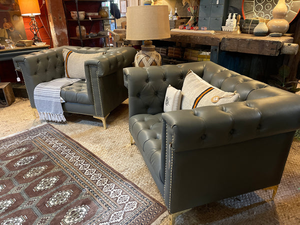 Modern Chesterfield Tufted Leather Club Chair with Gold Nailhead & Leg Accents