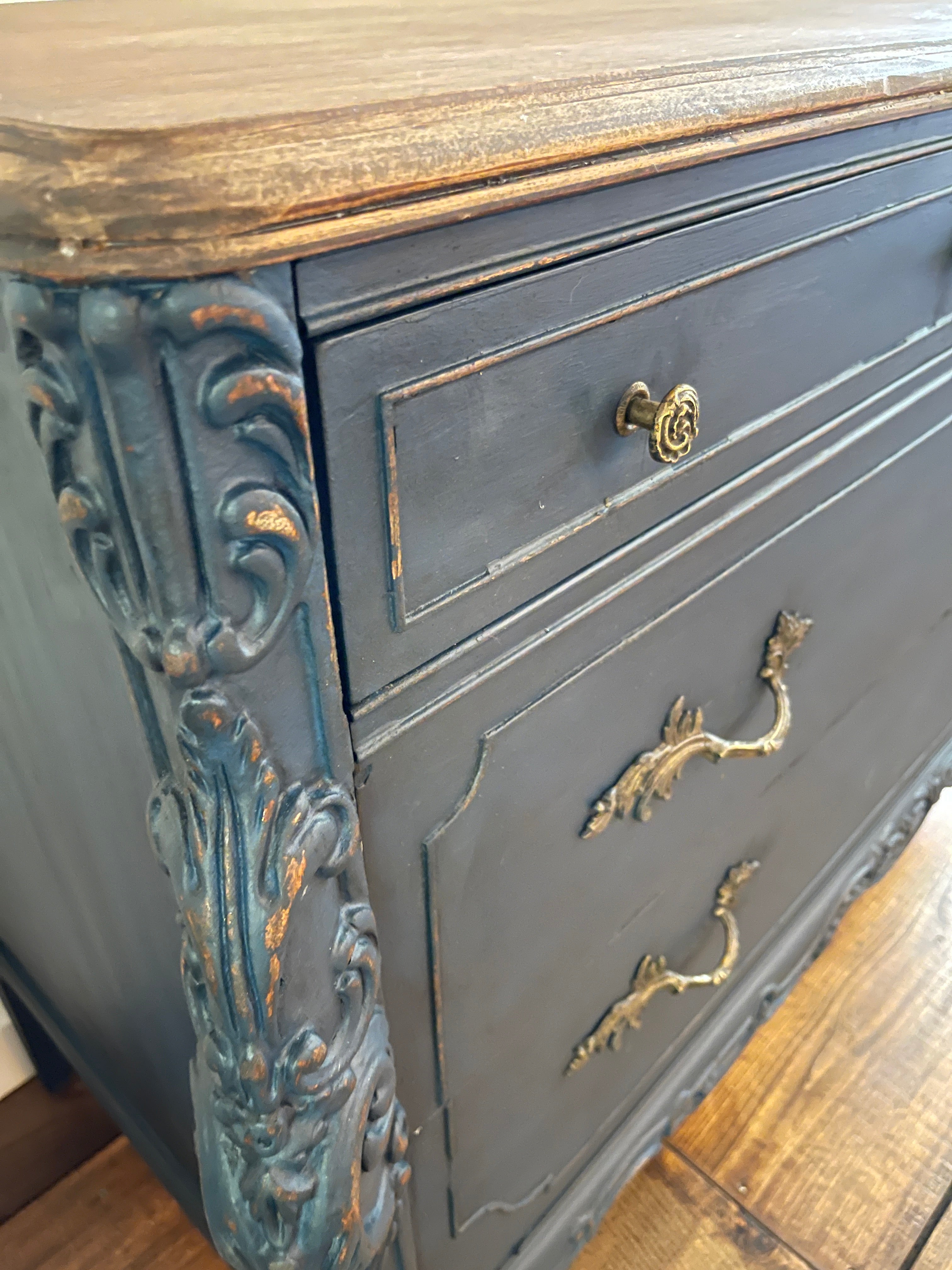 Antique Blue Buffet Sideboard with Natural Top