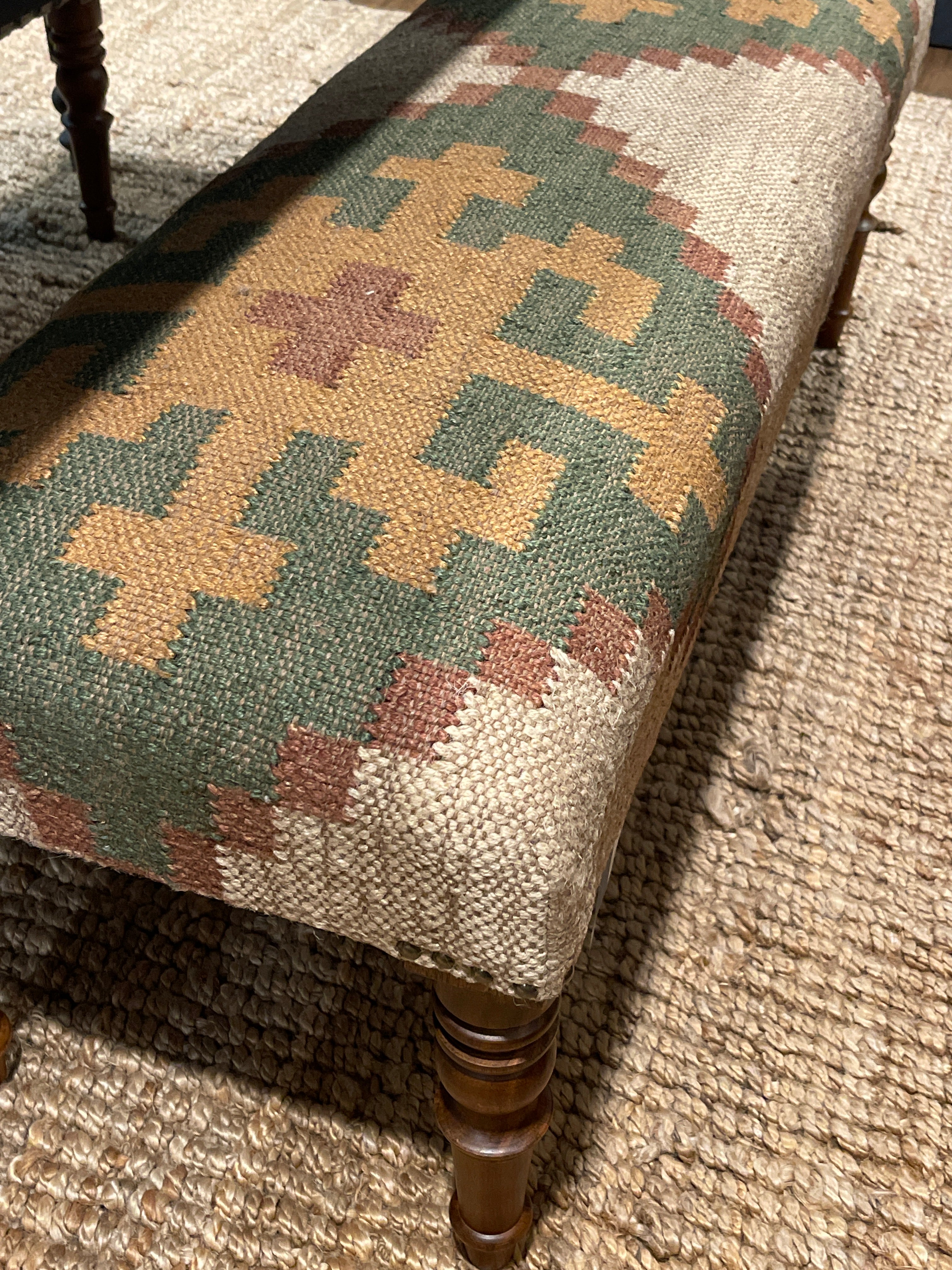Sage Green & Tan Geometric Kilim Upholstered Bench | 48" Accent Seating