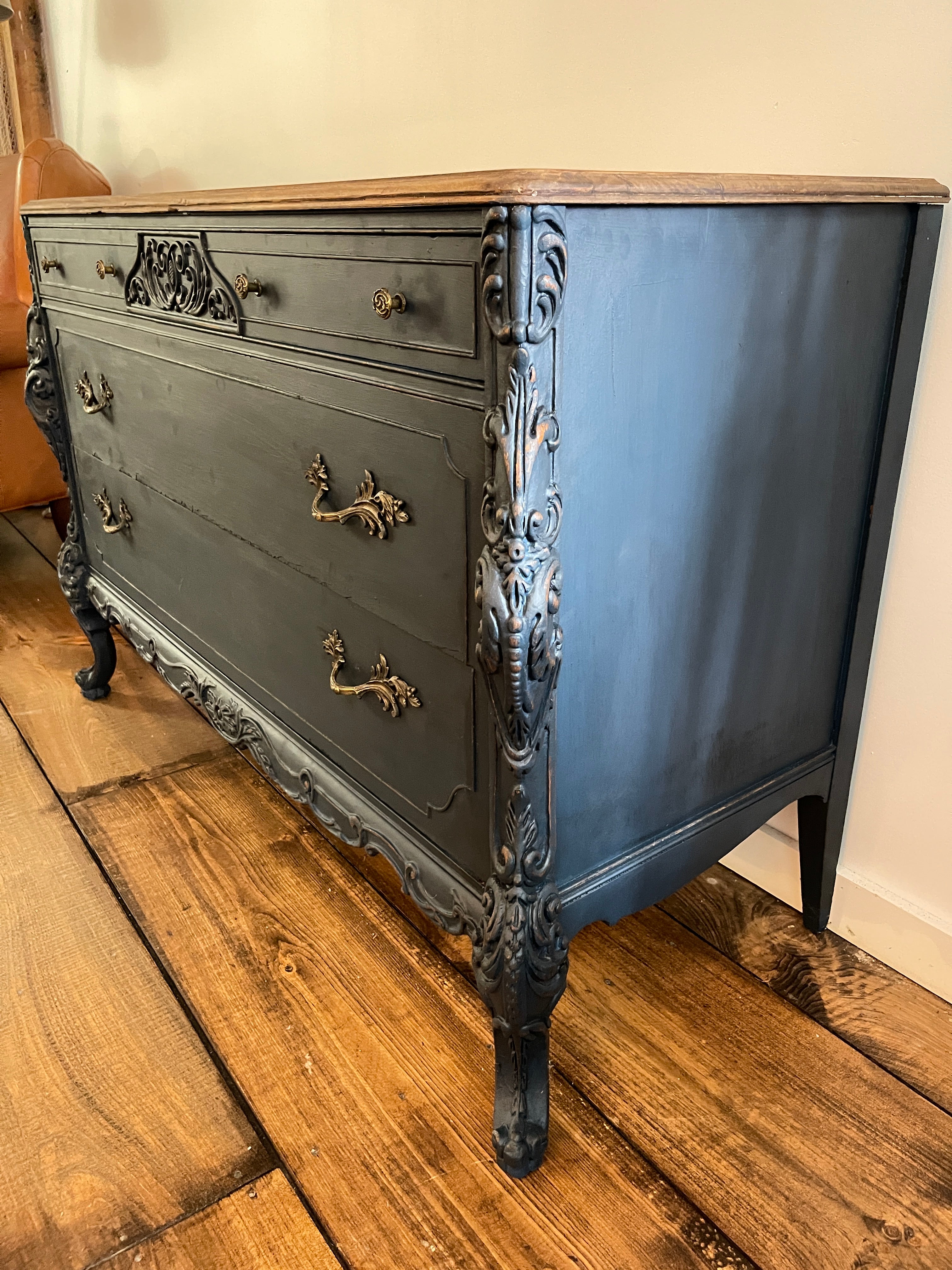 Antique Blue Buffet Sideboard with Natural Top