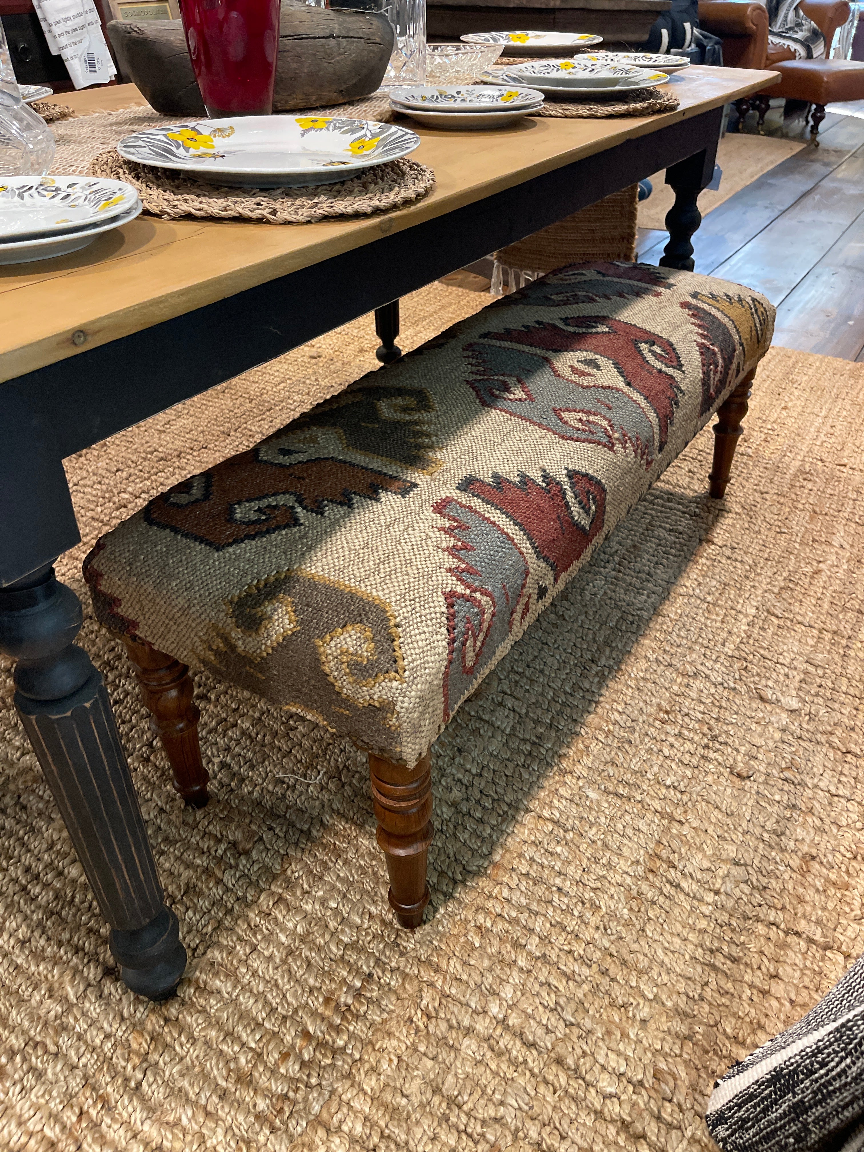 Southwestern Wool & Jute Kilim Upholstered Bench | 48" Accent Seating