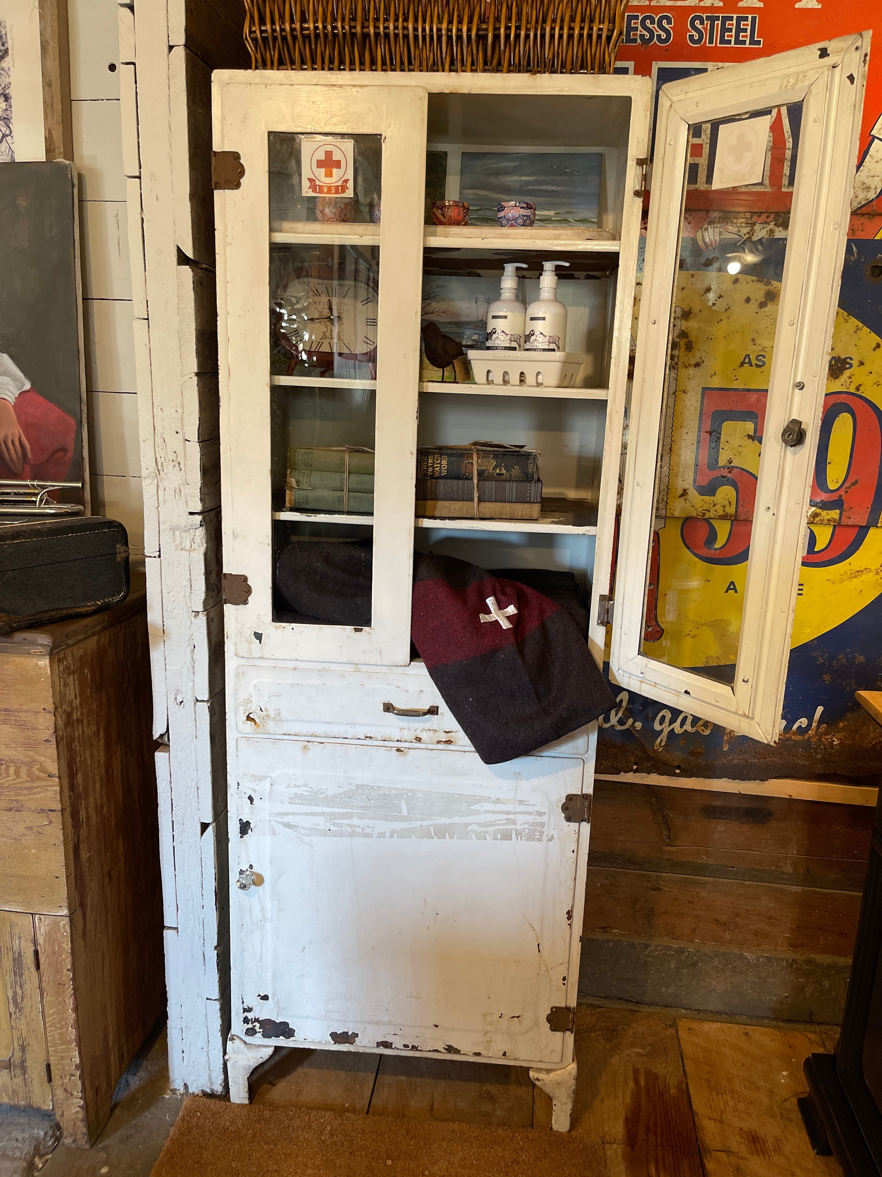 Vintage White Enamel Medical Cabinet with Glass Doors & Drawer – Farmhouse Bath or Entry Storage – Furniture by The Olde 1840