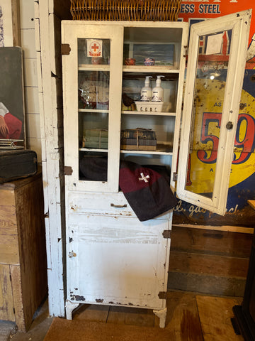 Vintage White Enamel Medical Cabinet with Glass Doors & Drawer – Farmhouse Bath or Entry Storage
