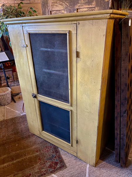 Vintage Primitive Pie Safe Cabinet with Distressed Mustard Finish