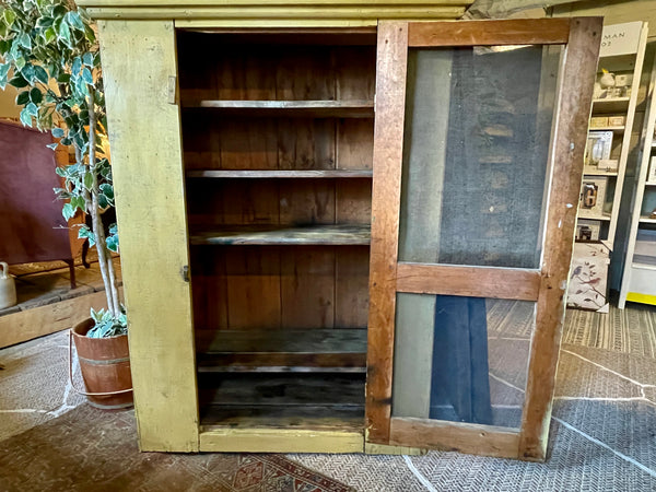 Vintage Primitive Pie Safe Cabinet with Distressed Mustard Finish